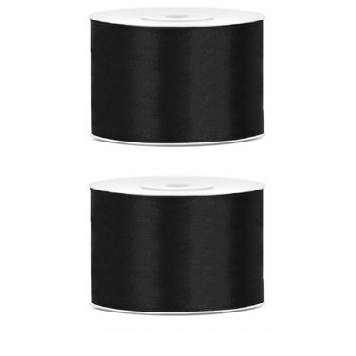 Satijn sierlint/cadeaulint - 2x - zwart - 5 cm x 25 meter - Inpakken - Versieren - Decoratie