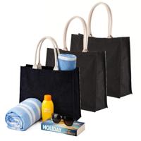 Jute boodschappen strandtas - 3x stuks - zwart - 42 x 36 cm - Strandartikelen beach bags/shoppers