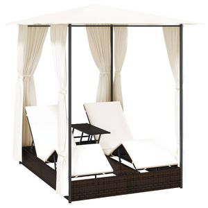 The Living Store Ligbed Dubbel - Bruin PE Rattan - 197x140x250 cm - Inclusief Luifel - Kussens en Gordijnen