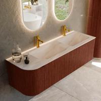 Badmeubel Mondiaz Kurve-Dlux | 145 cm | Meubelkleur Ruby | Wastafelkleur Meli | Solid surface | Dubbel / Rechts spoelbak | 2 kraangaten Badmeubel Mondiaz Kurve-Dlux | 145 cm | Meubelkleur Ruby | Wastafelkleur Meli | Solid surface | Dubbel / Rechts spoelbak | 2 kraangaten