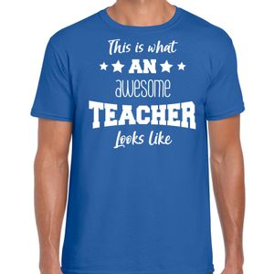 Cadeau t-shirt voor heren - awesome teacher - blauw - docent/leraar/schooljaar bedankje