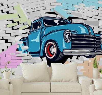 Auto fotobehang Buitensporige oldtimers door kleurrijke bakstenen