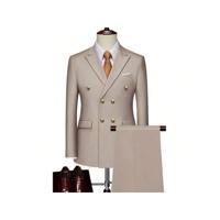 Men's Double Breasted Slim Fit 2-Piece Business Suit - Navy Blue Beige / XXS