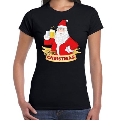 Fout kerstshirt zwart santa met pul bier voor dames Fout kerstshirt zwart santa met pul bier voor dames