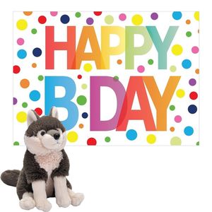 Pluche dieren knuffel grijze wolf 25cm met Happy Birthday wenskaart