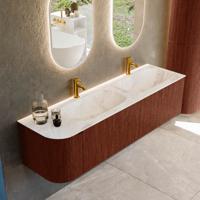 Badmeubel Mondiaz Kurve-Dlux | 165 cm cm | Meubelkleur Ruby | Wastafelkleur Frappe | Solid surface | Dubbel / Rechts spoelbak | 2 kraangaten