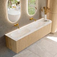 Mondiaz KURVE-DLUX 175 cm Onderkast Greeploos 2 Lades Met Deuren Oak, Wastafel Solid Surface Links Frappe 0 Kraangaten Zonder Spiegel (KRVSTS175R2L1D0KD-Oak/Fra)