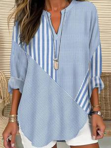 Notched Loose Striped Casual Cotton Shirt