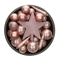 Bellatio Decorations kerstballen set - 33x st - met ster piek - lichtroze - kunststof