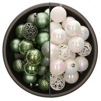 74x stuks kunststof kerstballen mix van salie groen en parelmoer wit 6 cm - thumbnail