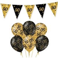 Leeftijd verjaardag versiering - 3x vlaggetjes - 18x ballonnen - 50 jaar - zwart/goud