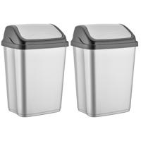 Prullenbak - 2x stuks - 50 liter - kunststof - zilver met zwart - L41,5 x B33,5 x H65 cm