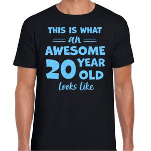 Cadeau T-shirt voor heren - leeftijd 20 jaar - awesome - zwart - glitter blauw - Verjaardagsfeest