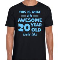 Cadeau T-shirt voor heren - leeftijd 20 jaar - awesome - zwart - glitter blauw - Verjaardagsfeest