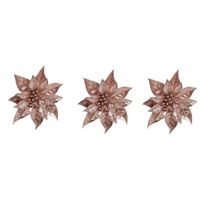 3x Kerstversieringen kerststerren bloemen oud roze op clip - Kersthangers - thumbnail