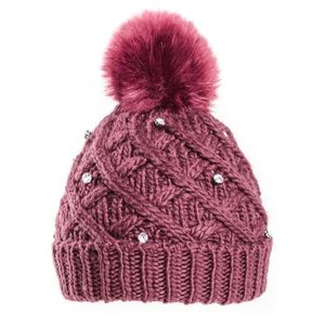 Gebreide winter muts bordeaux rood met diamanten voor dames