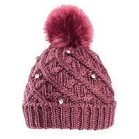 Gebreide winter muts bordeaux rood met diamanten voor dames - thumbnail