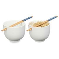 Pokebowl/ramen/noedels servies set - 2x - kommetje en chopsticks - keramiek - wit - sushi eet set