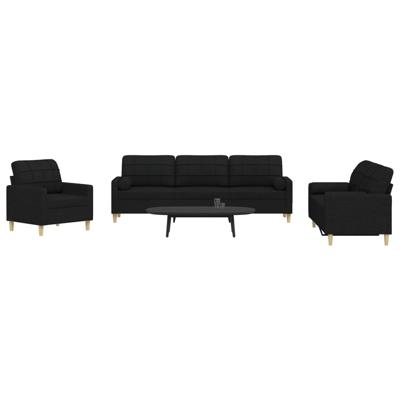 3-delige Loungeset met sierkussens stof zwart