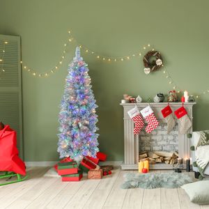 150 cm Verlichte Kunstkerstboom Scharnierende Feestboom met 343 Takuiteinden 190 Meerkleurige LED-Lampjes Slanke Kerstboom