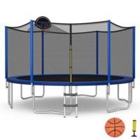Trampoline met Basketbalring Veiligheidsnet Tuintrampoline met Ritssluiting en Gespen 6 Stangen Nethoogte 180 cm Zwart + Blauw