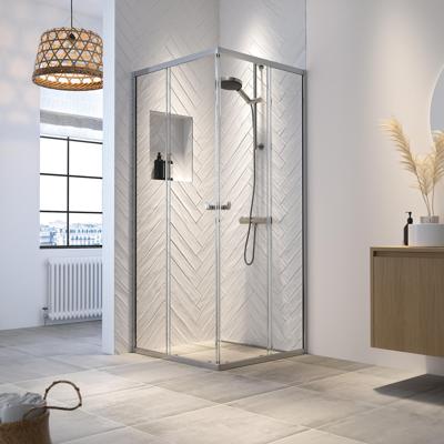 Douchecabine Sealskin Hooked Vierdelig Hoekinstap met Schuifdeuren 90x90x200 cm 6 mm Helder Glas Zilver
