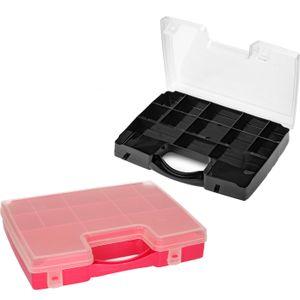 Forte Plastics - 4x Opberg vakjes doos/Sorteerbox - 13-vaks kunststof - 27 x 20 x 3 cm - zwart/roze