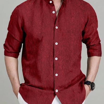 Bon&Bon Men's Stand Collar Long Sleeve Shirt - Dark Grey Casual Top Burgundy / XXL