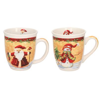 Set van 2x stuks kerstmokken sneeuwpop met rode muts en kerstman met kerstsok 11 cm