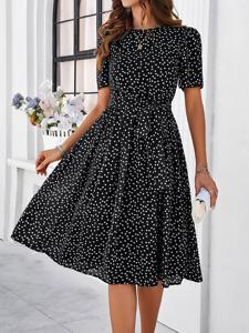 Polka Dots Crew Neck Casual Dress With No