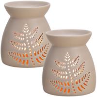 2x Geurbrander voor amberblokjes/geurolie/waxmelts - keramiek - beige - 11 x 11 x 13 cm - blad patro