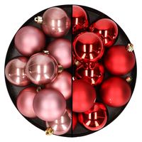 24x stuks kunststof kerstballen mix van rood en oudroze 6 cm - thumbnail