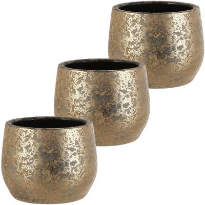 Mica Decorations Bloempot - Set van 3x stuks - goudkleurig - keramiek - 19 x 15 cm