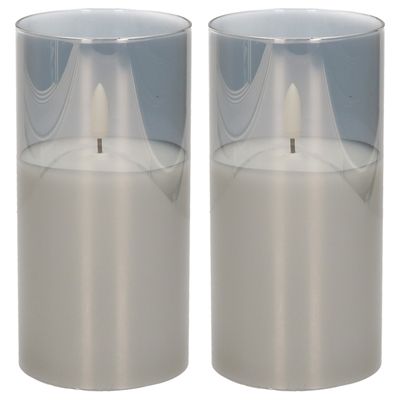 2x stuks luxe led kaarsen in grijs glas D7,5 x H15 cm met timer