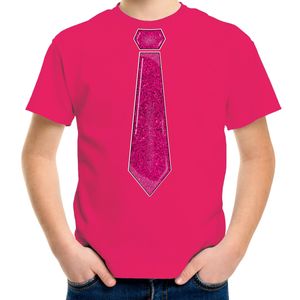 Verkleed t-shirt voor kinderen - glitter stropdas - roze - jongen - carnaval/themafeest kostuum