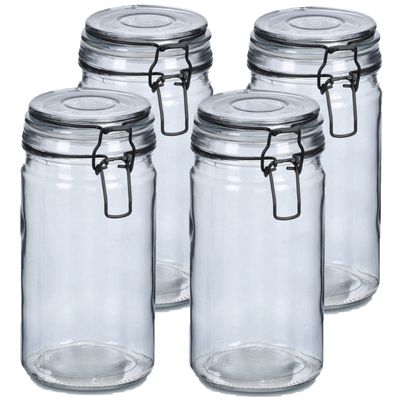 Voorraadpotten/bewaarpotten - 4x - 750 ml - grijs - glas - beugelsluiting - D10 x H15 cm Voorraadpotten/bewaarpotten - 4x - 750 ml - grijs - glas - beugelsluiting - D10 x H15 cm