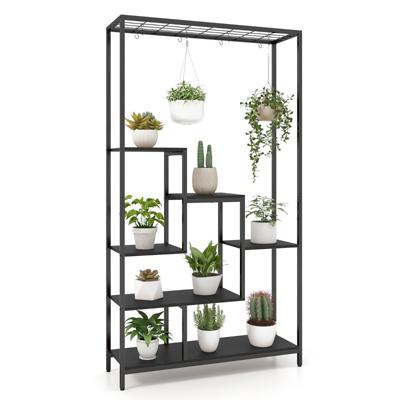Metalen Plantenrek 6 Etages 180 cm met 10 S-Haken en Roosterplank Bloemenstandaard Bloementrap voor Balkon Woonkamer Zwart