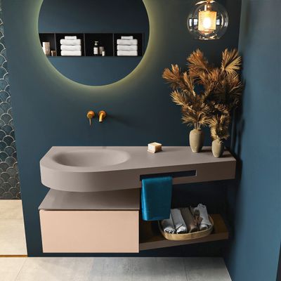 MONDIAZ RIVA 120cm badmeubel onderkast / planchet kleur Rosee met 1 lade. Wastafel DULCET links 0 kraangaten kleur Smoke. MONDIAZ RIVA 120cm badmeubel onderkast / planchet kleur Rosee met 1 lade. Wastafel DULCET links 0 kraangaten kleur Smoke.