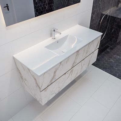 Mondiaz Vica Denia badmeubel wit carrara mat 120 cm 2 lades keramiek enkele spoelbak midden 1 kraangat