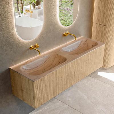 Badmeubel Mondiaz Kurve-Dlux | 150 cm | Meubelkleur Oak | Wastafelkleur Arena | Solid surface | Wasbak beide zijden spoelbak | Zonder kraangat(en)