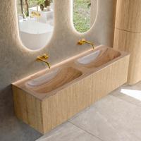 Badmeubel Mondiaz Kurve-Dlux | 150 cm | Meubelkleur Oak | Wastafelkleur Arena | Solid surface | Wasbak beide zijden spoelbak | Zonder kraangat(en)