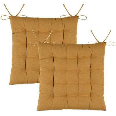 Stof Textile stoelkussens DUO - 2x - okergeel - 38 x 38 x 3.5 cm - touwtjes sluiting