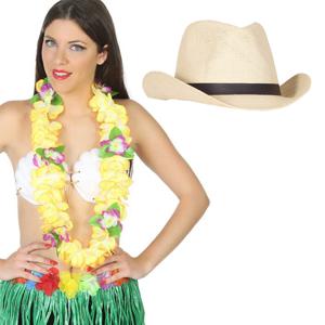 Carnaval verkleedset - Tropical Hawaii party - stro cowboy hoed - en volle bloemenslinger geel