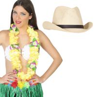 Carnaval verkleedset - Tropical Hawaii party - stro cowboy hoed - en volle bloemenslinger geel - thumbnail