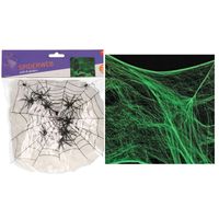 Decoratie spinnenweb/spinrag met spinnen - 100 gram - glow in the dark - Halloween/horror versiering