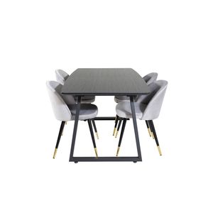 IncaBLBL eethoek eetkamertafel uitschuifbare tafel lengte cm 160 / 200 zwart en 4 Velvet eetkamerstal velours