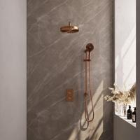 BRAUER Stripe Thermostatische Inbouw Regendouche - 3-weg - rechthoekig - SET 23 - 25cm douchekop - gebogen muurarm - 3-standen handdouche - doucheslang - geïntegreerde glijstang - koper geborsteld PVD 5-GK-409