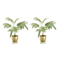 Kunstplant phlebodium - Set van 2x stuks - 67 cm - groen - in gouden pot - Kunstplanten - Blauwvaren