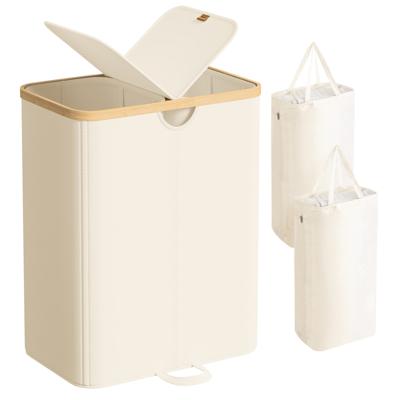 Wasmand met twee vakken en uitneembare waszak, Crème Wit, Natuurlijk Beige