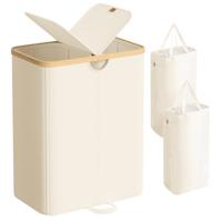 Wasmand met twee vakken en uitneembare waszak, Crème Wit, Natuurlijk Beige